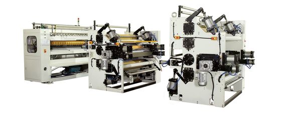 300mm Kertas Toilet Rewinding Machine Kitchen Towel Glue Laminated System Dengan Unit Embossing